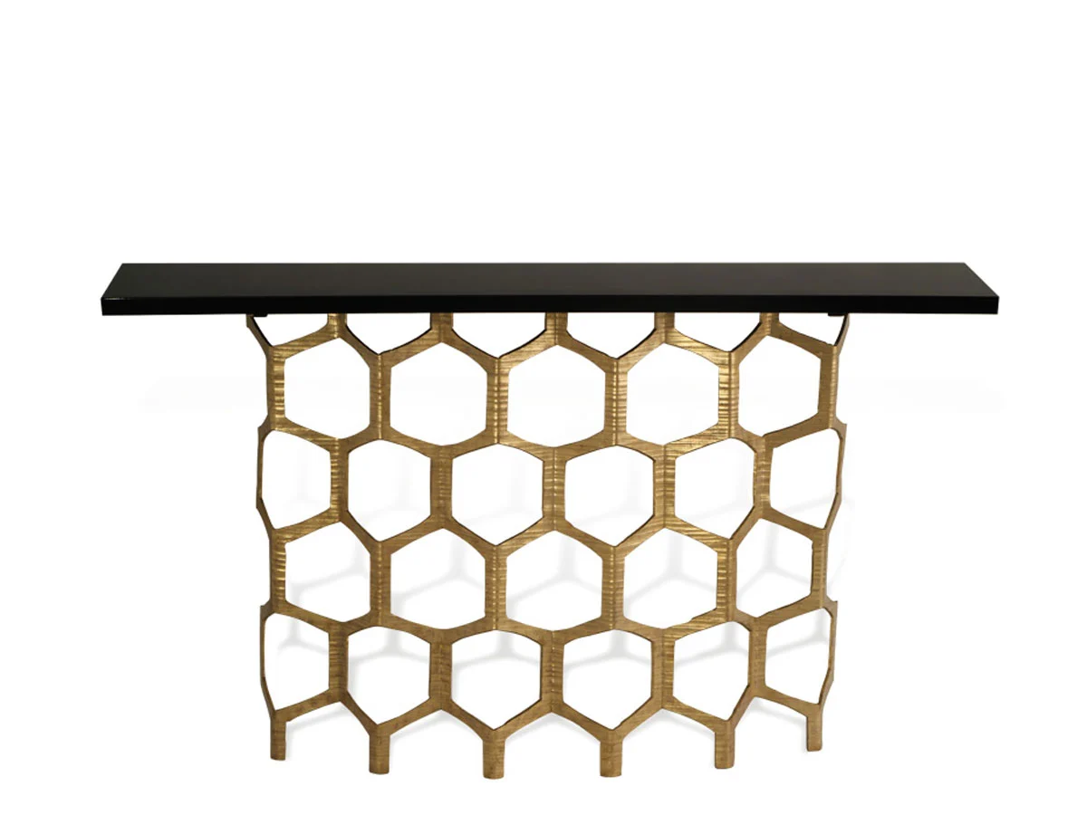 honeycomb-console-table-decayed-gold-with-black-lacquer-top-1